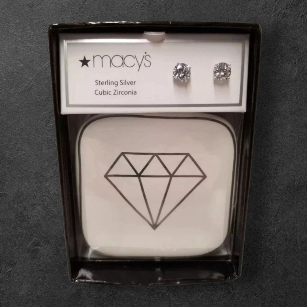 Giani Bernini Sterling Silver CZ Solitaire Stud Earrings w/ Ceramic Trinket Dish